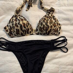 Victoria secret Leopard Print and Black Bikini set with gold accents